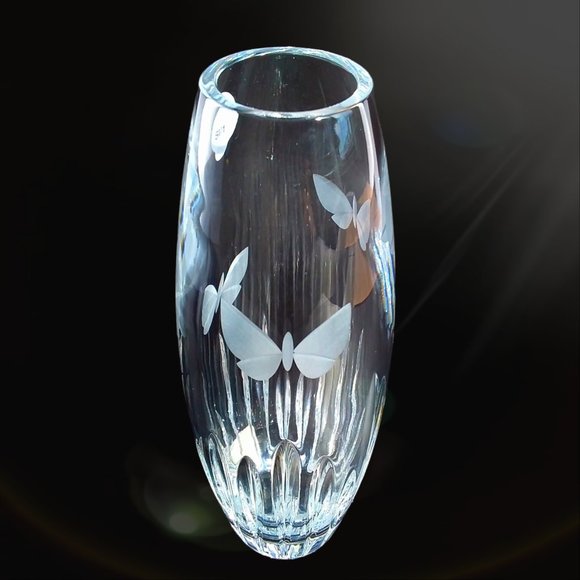 Waterford Crystal Butterfly Bud Vase Etched Signed 8in Original Sticker Slovenia - Picture 7 of 11